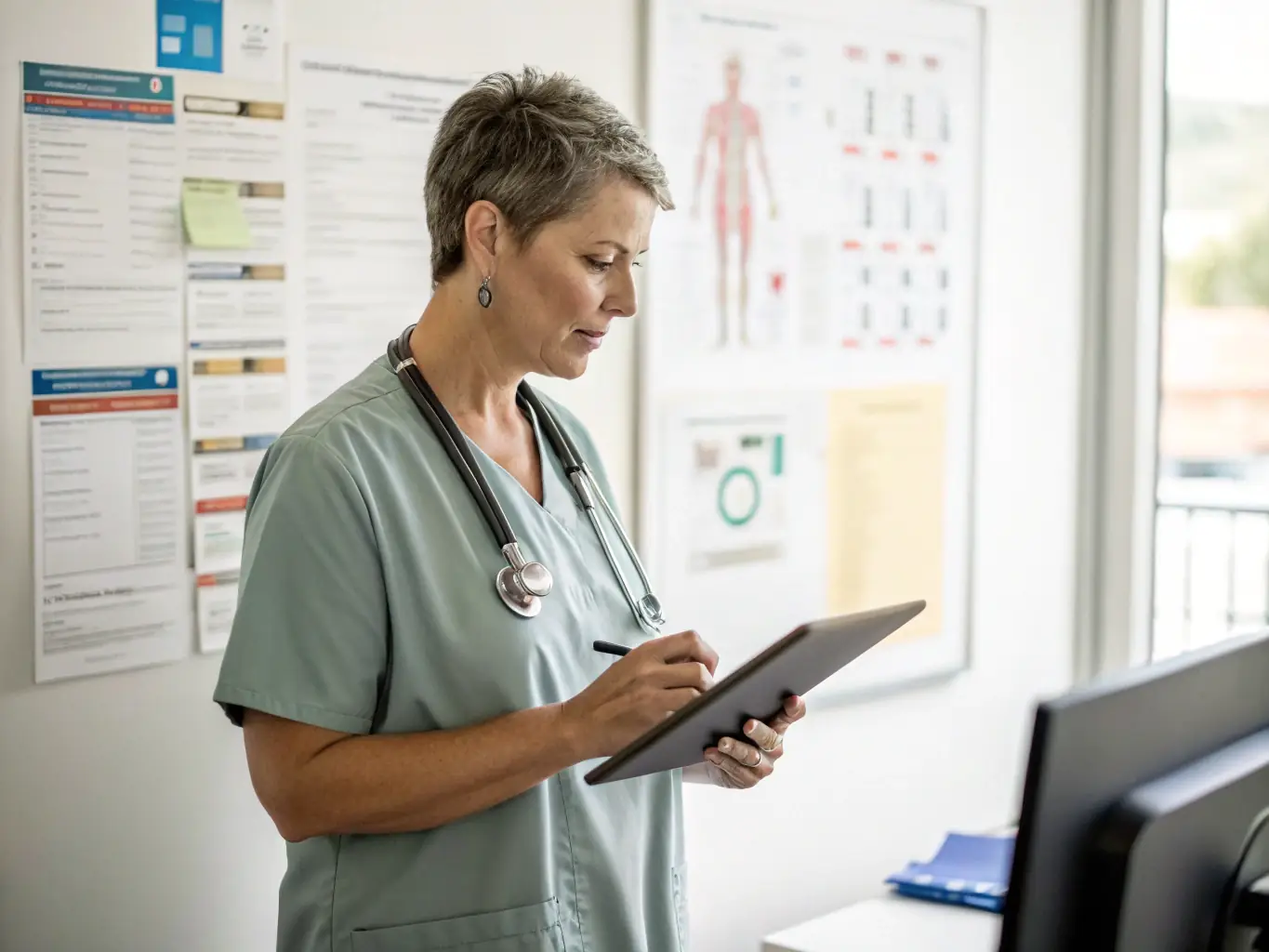 A doctor using a mobile banking app on a tablet, with charts and medical data visible in the background, illustrating convenient banking solutions for medical professionals.