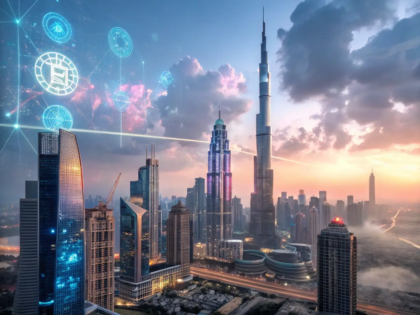 A futuristic cityscape with holographic displays showing banking interfaces and medical symbols, representing the convergence of technology and healthcare finance.